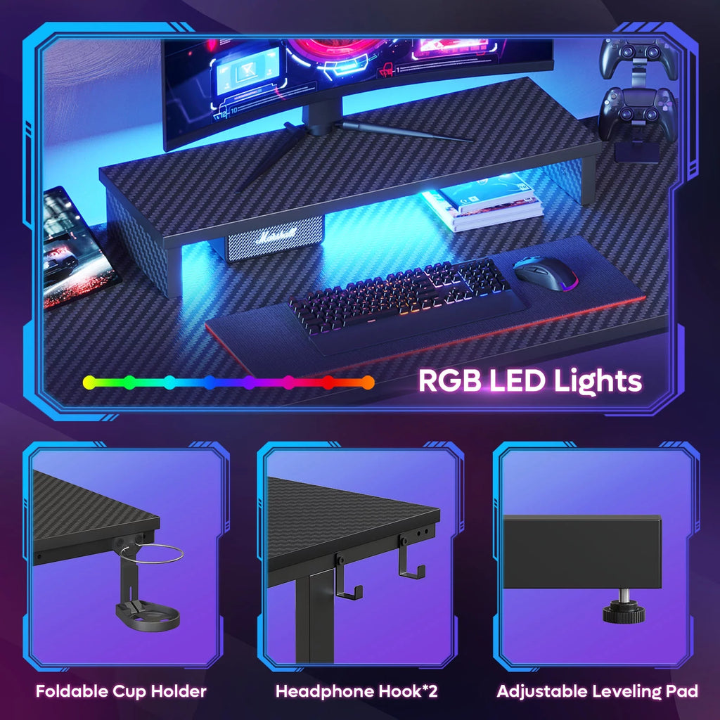 Bestier 42" Gaming Desk with LED Lights & Monitor Stand, Carbon Fiber Black B707