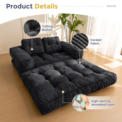 MAXYOYO Folding Sofa Bed L-Shaped Convertible Sleeper Couch with Pillow, Dark Grey X9070