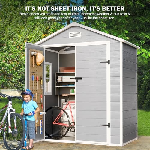 8x6x7 FT Resin Storage Shed, Waterproof Outdoor Tool Shed with Floor, Dove Grey C693740