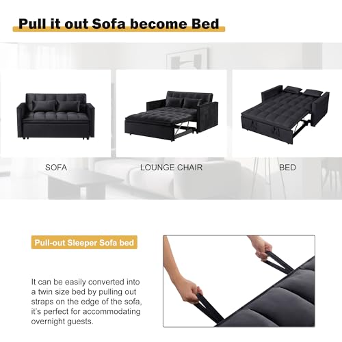 3 in 1 Sleeper Sofa Bed with Side Pocket, Black Convertible Futon Couch W34330
