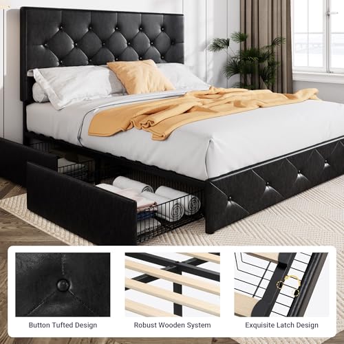 Allewie Upholstered Queen Platform Bed Frame with 4 Drawers and Headboard, Light Grey A922