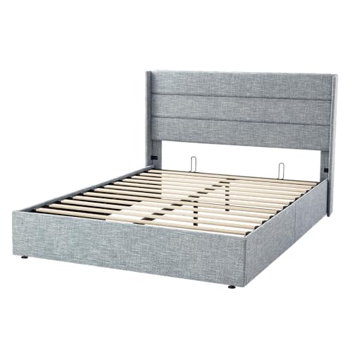 Allewie Full Size Lift Up Storage Bed with Wingback Headboard, Light Beige C85153