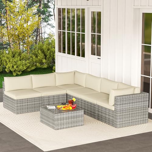 Outdoor Patio Furniture Set with Glass Tea Table, PE Rattan Wicker, Grey V687
