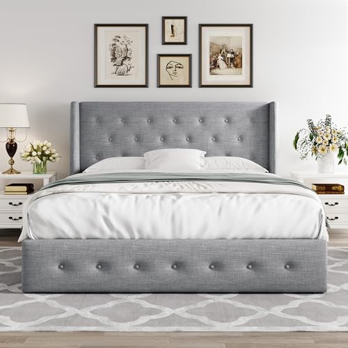 Allewie Full Size Lift Up Storage Bed with Wingback Headboard, Light Beige C85153
