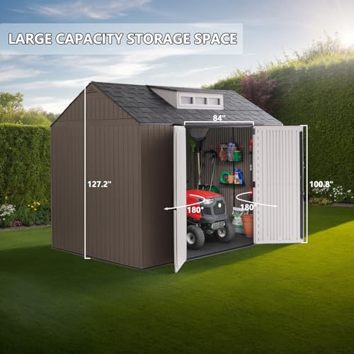 Resin Outdoor Storage Shed with Floor, Weatherproof, Lockable, Brown, 7x7 FT S969