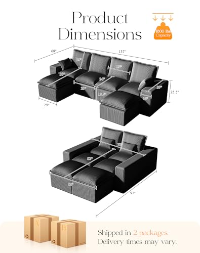Comfy Cloud Couch with L-Shape Chaise, Modular Sectional Sofa in a Box, Soft Corduroy, Black U67688