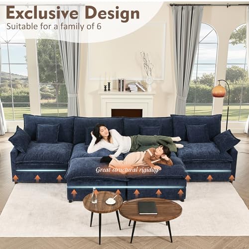 U Shaped Modular Sectional Sofa with Ottoman, Chenille, Black P2121