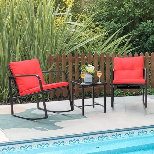 Greesum 3-Piece Rocking Wicker Bistro Set with Glass Coffee Table, Beige T6480
