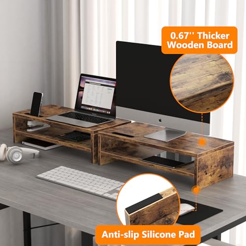 Wood Monitor Stand for Desk with Phone Slot, Rustic Brown D184