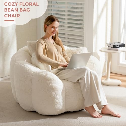 MAXYOYO Floral Shaped Bean Bag Sofa for Adults, Faux Fur, Beige M8911