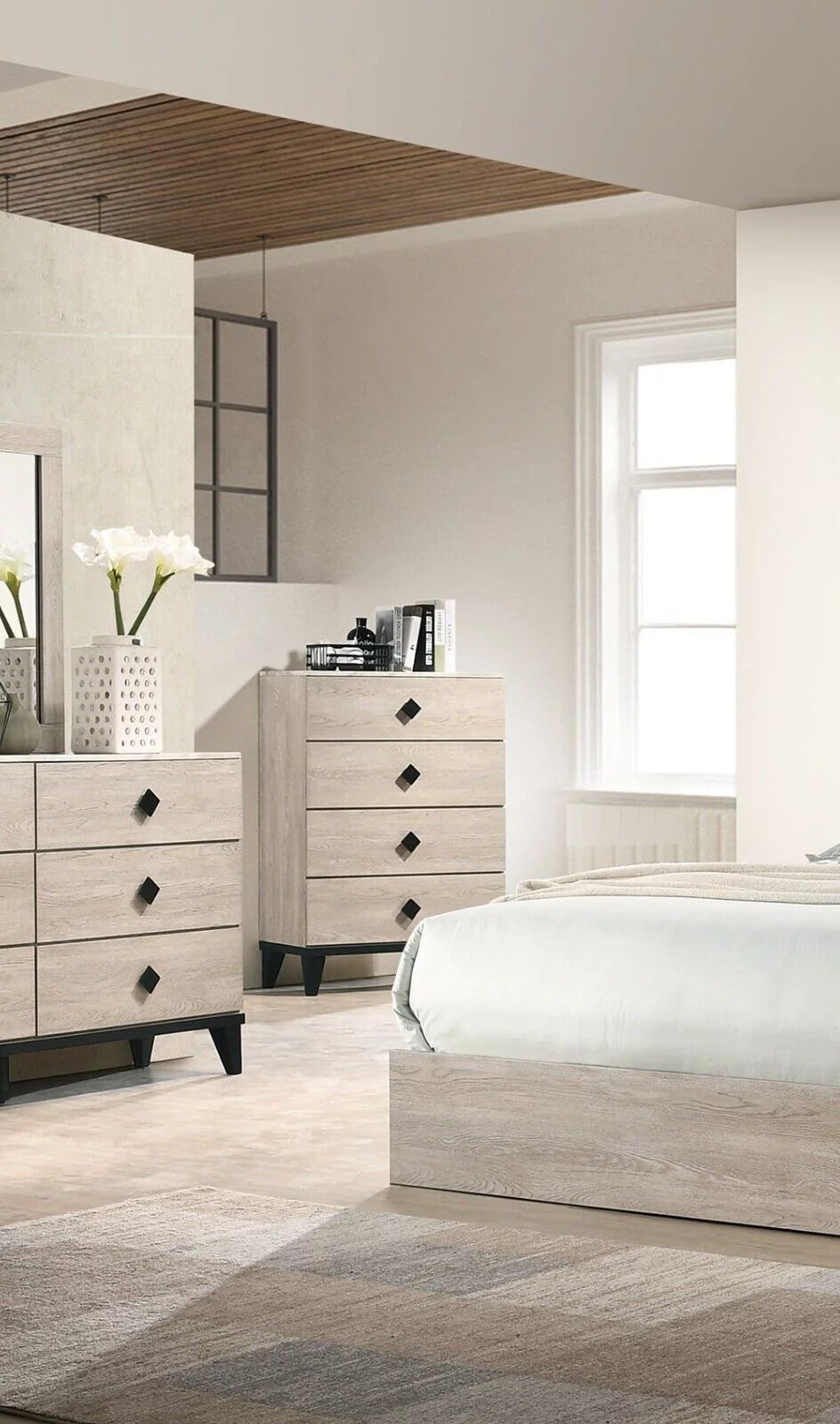 Transitional Cream Dresser Mirror Nightstands Chest 5pc Bedroom Set R373