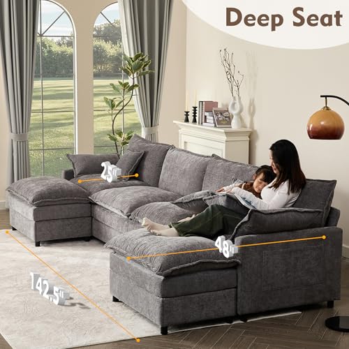 U Shaped Modular Sectional Sofa with Ottoman, Chenille, Black P2121