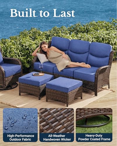 Luxury Patio Furniture Set 7PCS Wicker Conversation Set with Blue Cushions J5390