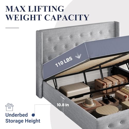 Allewie Full Size Lift Up Storage Bed with Wingback Headboard, Light Beige C85153