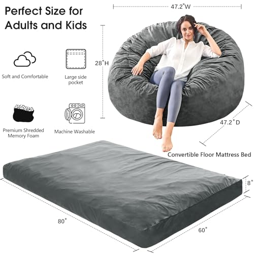 Giant Bean Bag Chair for Adults Convertible Bed with Microfiber Cover Charcoal G62613