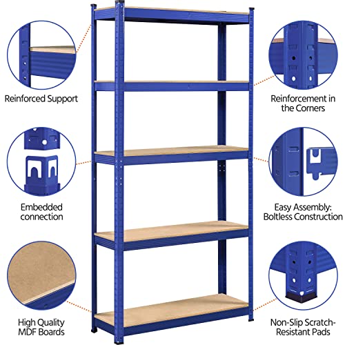 Yaheetech 5-Tier Heavy Duty Garage Shelving Unit, Adjustable Metal Storage Rack, Blue J339478