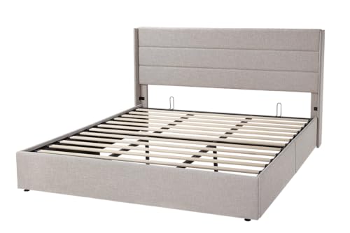 Allewie Full Size Lift Up Storage Bed with Wingback Headboard, Light Beige C85153