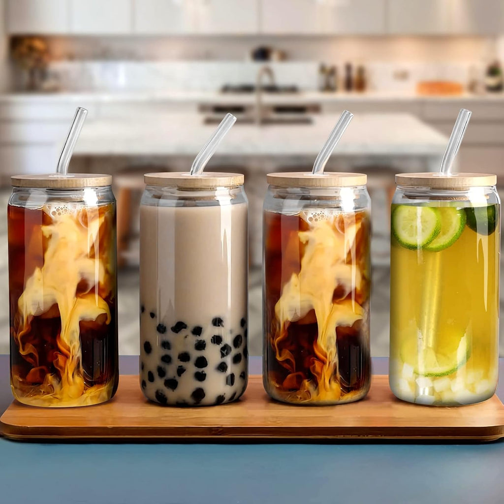 6 Pack Glass Cups with Bamboo Lids and Straws 16 oz Z667