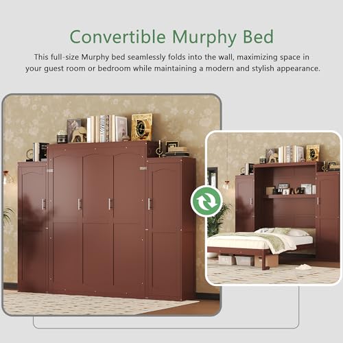 Polib Full Size Murphy Bed with Two Wardrobes and Storage Shelf, White S302797