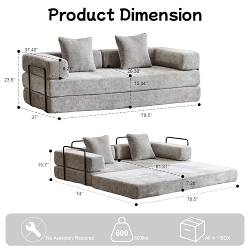 Convertible Floor Sofa Bed with Pillow Back and Armrest, Chenille, Dark Gray N4509