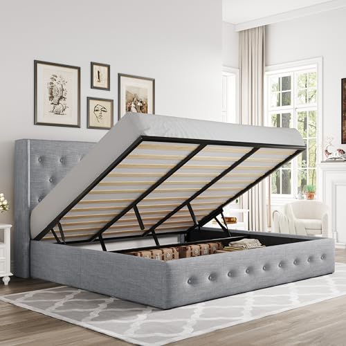 Allewie Full Size Lift Up Storage Bed with Wingback Headboard, Light Beige C85153