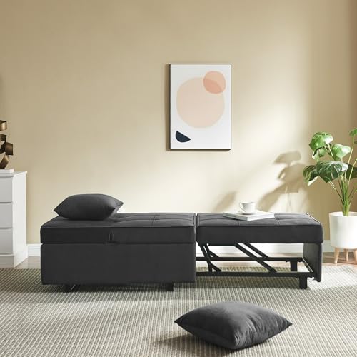 Velvet Convertible Sofa Bed Sleeper Chair with 2 Throw Pillows, Dark Grey U621331
