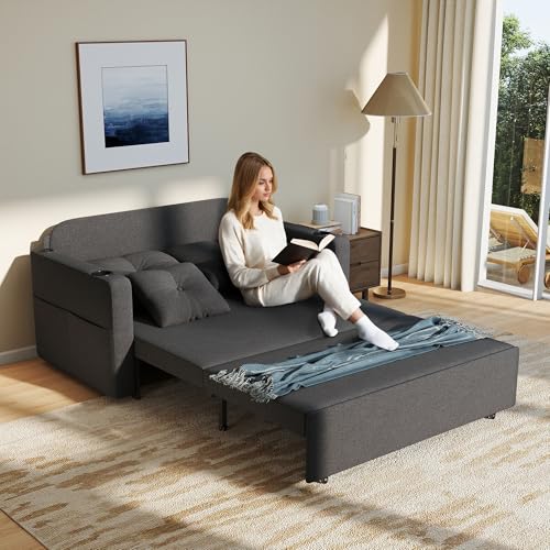 3 in 1 Pull Out Couch Convertible Sleeper Sofa Bed with Cup Holders, Grey U432