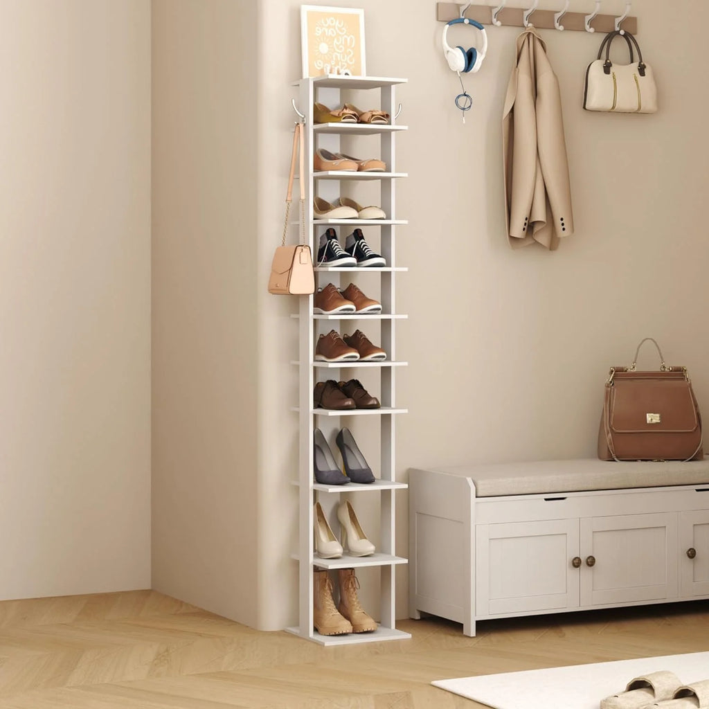 LIHONG 10-Tier Vertical Shoe Rack with Hanging Hooks, White X152770