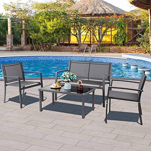 Vongrasig 4 Piece Patio Conversation Set with Glass Coffee Table, Black E428