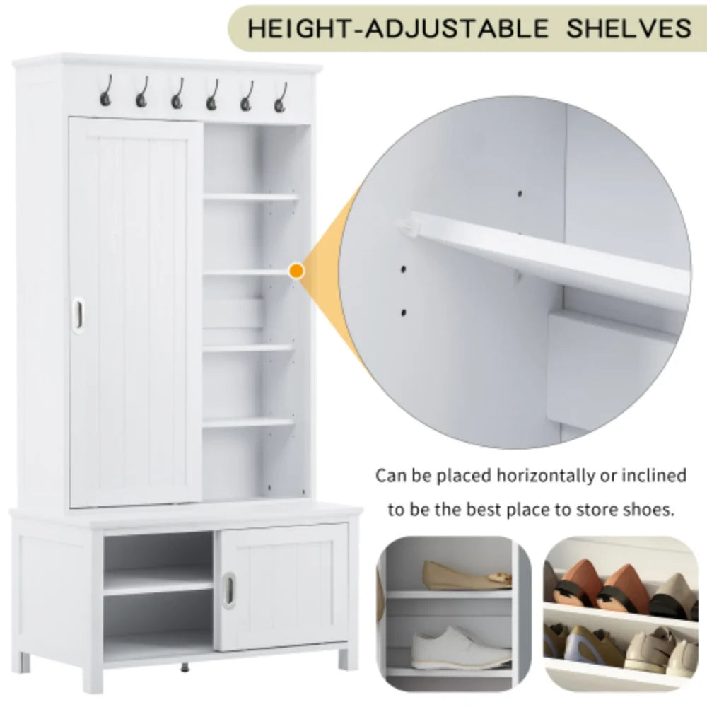 White Wooden Hall Tree with Sliding Doors and Storage Bench O243