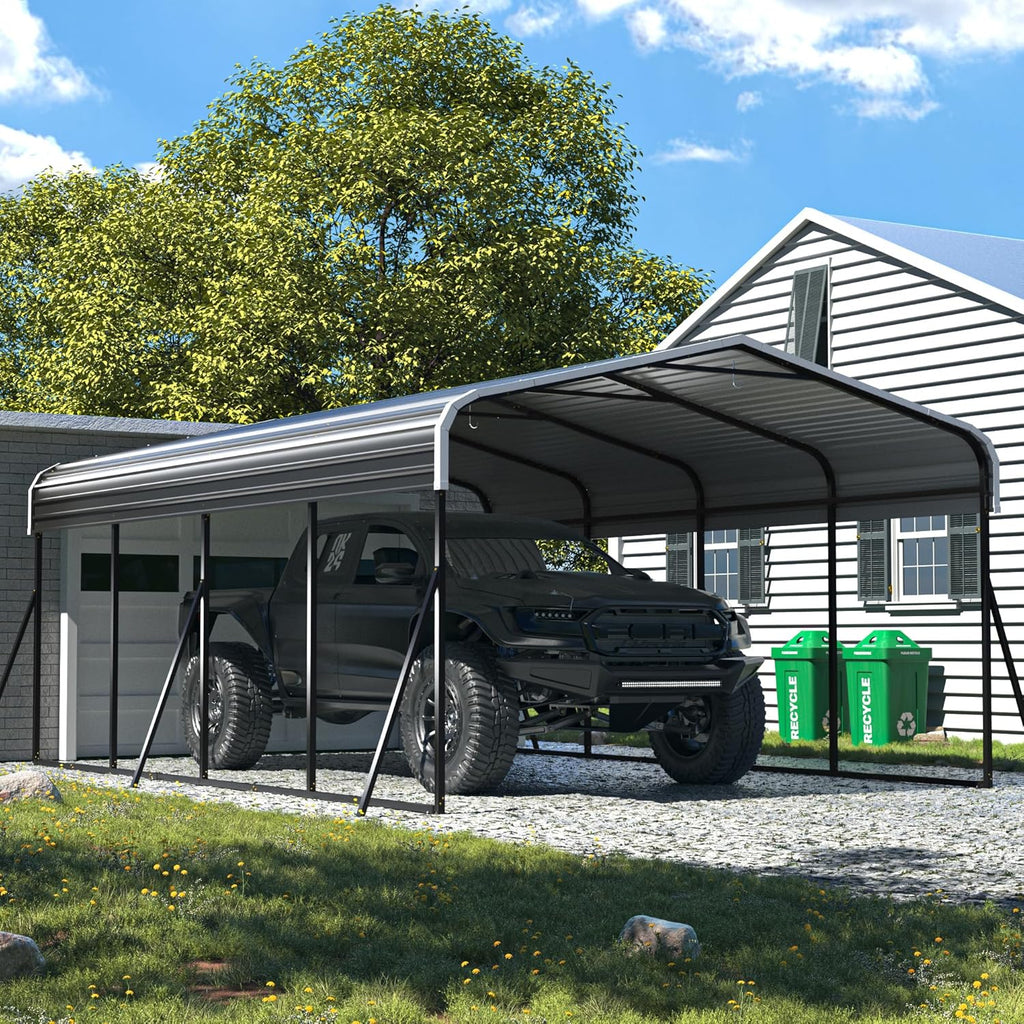 Carport 12x20 FT Heavy Duty Carport Canopy with Updated Frame Structure Galvanized Steel Roof and Enhanced Base, Metal Carport Garage for Pickup, Boat, Car and Tractors, Grey