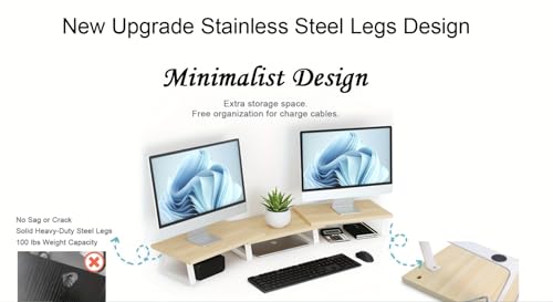 Dual Monitor Stand Wood Desk Organizer with Adjustable Length and Angle (Vintage) O519