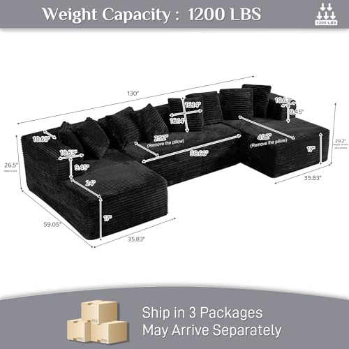 131" Modular Sectional Sofa Cloud Couch, Corduroy Memory Foam Black O10952