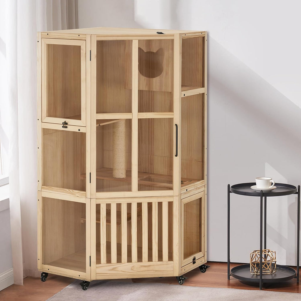 MCombo Large Corner Cat House Villa Wooden Indoor Cat Enclosure with Scratching Post M143