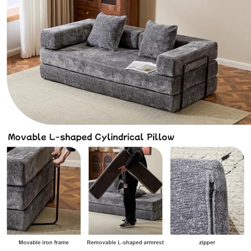 Convertible Floor Sofa Bed with Pillow Back and Armrest, Chenille, Dark Gray N4509
