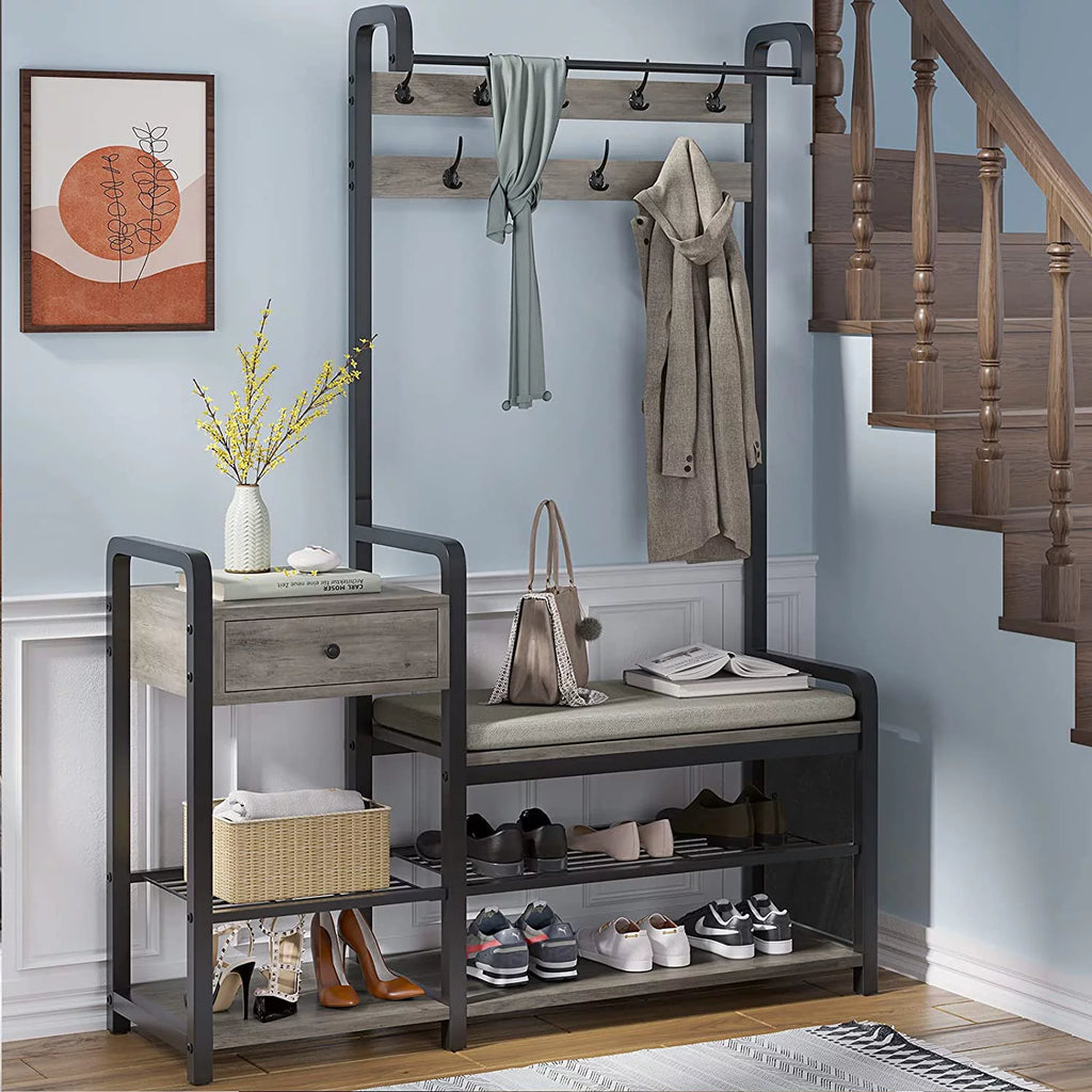 Hall Tree Entryway Bench with Shoe Rack, Coat Rack and Storage, Oak Grey J1669