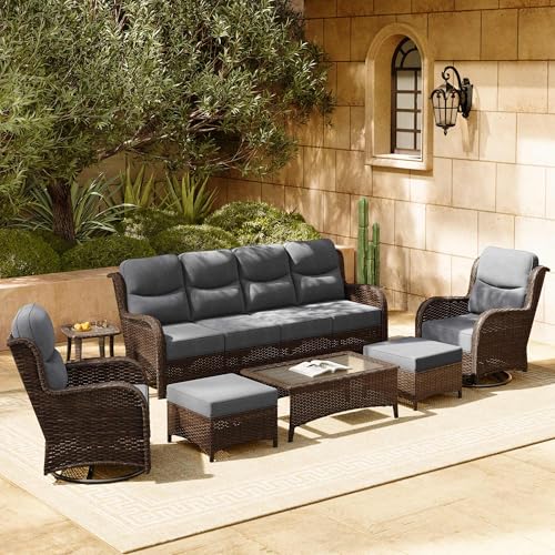 Luxury Patio Furniture Set 7PCS Wicker Conversation Set with Blue Cushions J5390