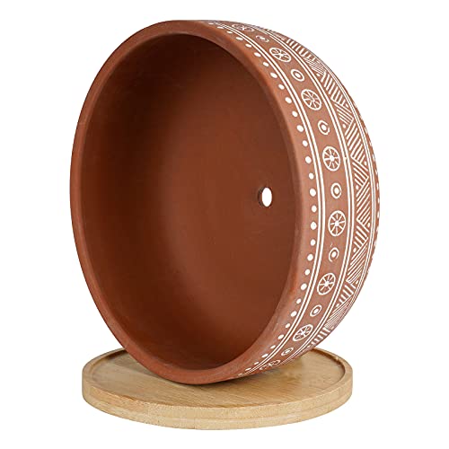 8 Inch Terracotta Succulent Planter Pot with Bamboo Tray L806