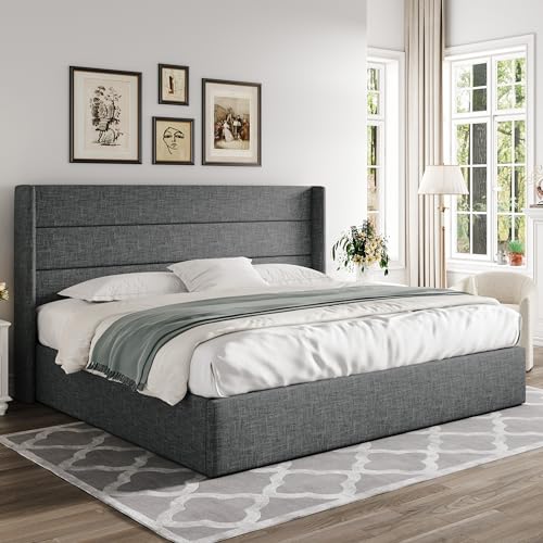 Allewie Full Size Lift Up Storage Bed with Wingback Headboard, Light Beige C85153