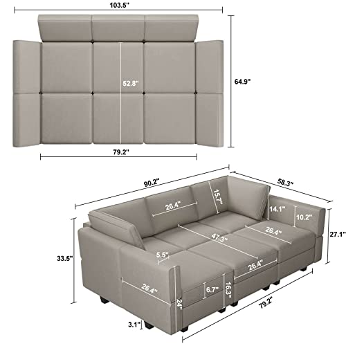 Belffin Modular Velvet Sectional Sofa with Chaise Lounge and Storage, Grey T418154