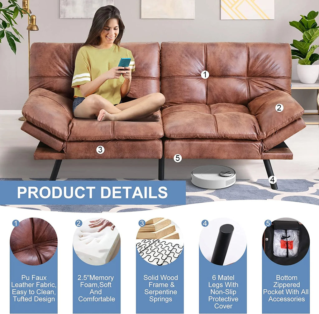 RUNFAYBIU Futon Sofa Bed Memory Foam Convertible Faux Leather with Adjustable Armrests D258720