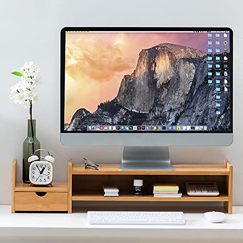 Bamboo 2 Tier Monitor Stand Riser with Drawers for Desk Organizer K364684