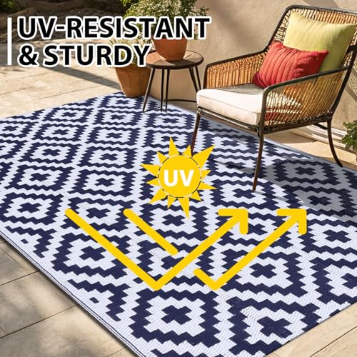 Smiry Waterproof Outdoor Rug 5x8 ft, Reversible Plastic Straw Patio Mat, Black & Beige P20186