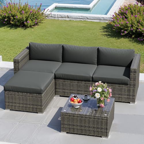 Outdoor Patio Furniture Set with Glass Tea Table, PE Rattan Wicker, Grey V687