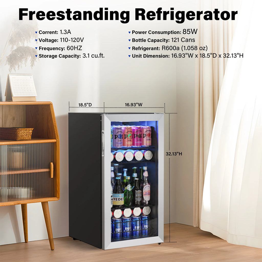 Yeego Beverage Refrigerator Cooler, Freestanding Mini Drink Fridge with Glass Door H135