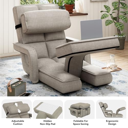 Esright Floor Chair, Padded Folding Gaming Chair with Adjustable Backrest, Dark Grey P960